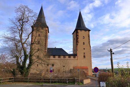 Towers of the medieval castle in Rochlitz/Saxony/Germany in Europe with blue sky and white cloudsのeditorial素材