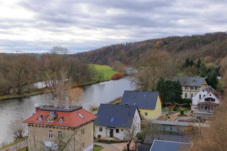 View of Rochlitz in Germany in Europe with the Zwickauer Mulde Riverの写真素材
