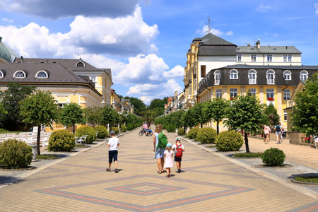 July 14 2020 Frantiskovy Lazne / Franzensbad in Czech Republic: Center with the pedestrian zone in summerのeditorial素材