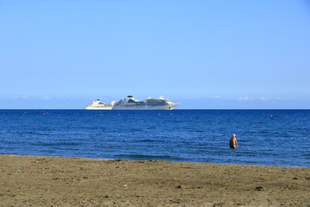 October 03 2020 - Limassol / Cyprus: Cruise ships anchored in front of the harbor waiting for the Covid-19 pandemic to the endのeditorial素材