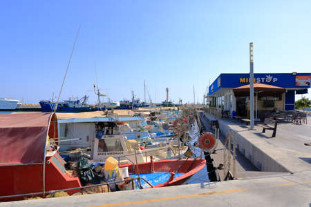 October 06 2020 - Limassol, Cyprus: View of yacht and fishing harborのeditorial素材