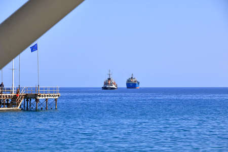 October 06 2020 - Limassol, Cyprus: Large container ships waiting in front of portのeditorial素材
