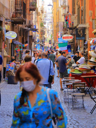 July 11 2021 Napoli in Italy in Europe: typical streets near the Via san Biagio dei libraiのeditorial素材