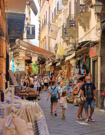 July 15 2021 - Sorrento, Italy: People on a street in Sorrento. Sorrento is a small town in Campania in southern Italy.のeditorial素材