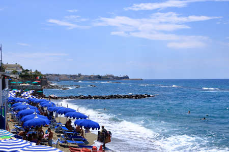 July 18 2021 - Forio, Ischia, Italy: landscape with the sea, beach and harbor