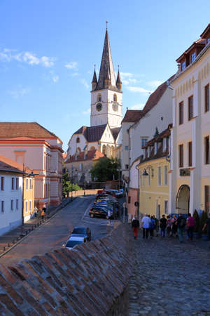 September 5 2021 - Sibiu, Hermannstadt, Romania: Beautiful medieval saxon city with many old housesのeditorial素材