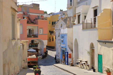 July 20 2021 - Procida, Italy: the italian island is famous for its colorful marina, tiny narrow...