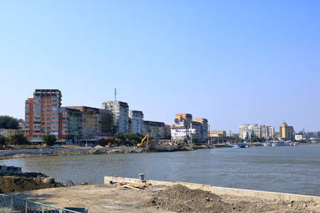 September 13 2021 - Tulcea in Romania :: View of the harbor area and Skyline of the Tulcea Danube...