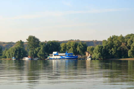 Boat for tourists in Danube Delta in Romaniaの写真素材