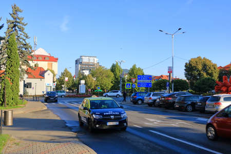 September 8 2021 - Bistrita, Bistritz, Romania: View of old houses in the Old Town in Romaniaのeditorial素材