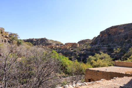 View of ruins of an abandoned village at the Wadi Bani Habib at the Jebel Akhdar mountain in the Omanの写真素材