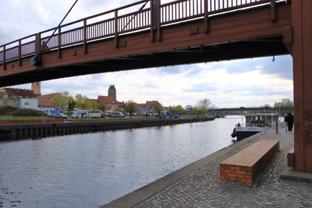 April 30 2022 - Anklam in Germany: Small industrial harbor on a clowdy dayのeditorial素材