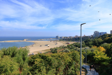 September 15 2021 - Constanta in Romania: Beach Plaja Modern on a sunny day with a blue skyのeditorial素材