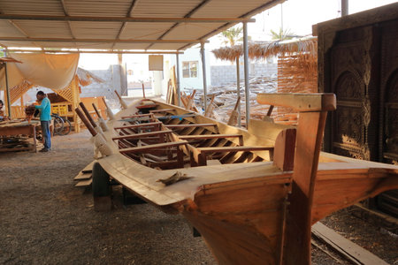 March 21 2022 - Sur in Oman: Building a wooden dhow in a boatyardのeditorial素材