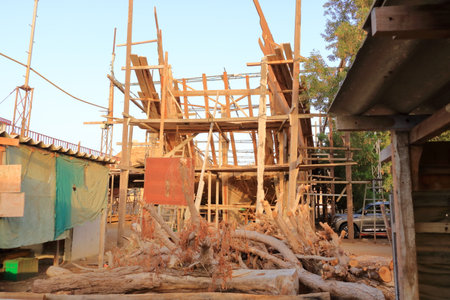March 21 2022 - Sur in Oman: Building a wooden dhow in a boatyardのeditorial素材