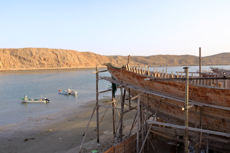 March 21 2022 - Sur in Oman: Building a wooden dhow in a boatyardのeditorial素材