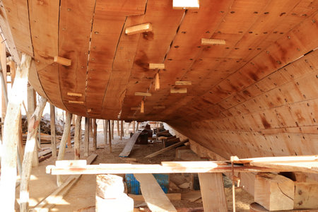 March 21 2022 - Sur in Oman: Building a wooden dhow in a boatyardのeditorial素材