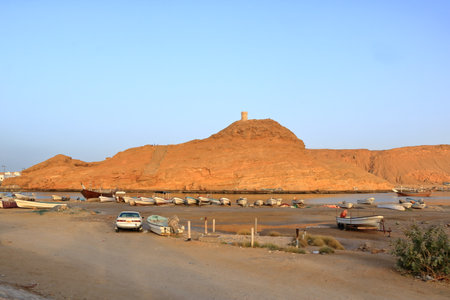 March 21 2022 - Sur, Oman: image of street life in Sur town with white houses in the Southern Omanのeditorial素材