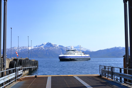 May 30 2022 - Lodingen, Lofoten, Norway: Norway sea ferry near Lodingen in Nordland, Passenger ship