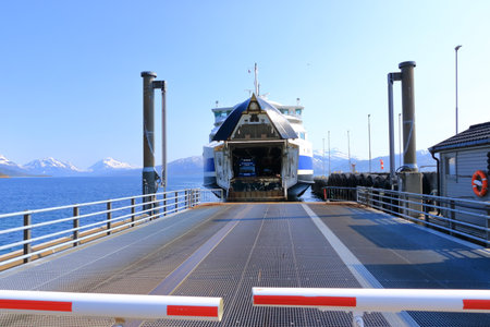 May 30 2022 - Lodingen, Lofoten, Norway: Norway sea ferry near Lodingen in Nordland, Passenger shipのeditorial素材