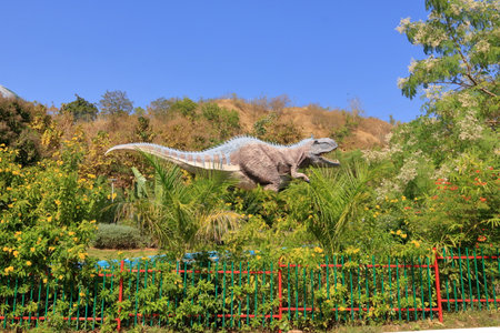 December 23 2022 - Gujarat in India: people in front of dinosaur park near the statue of unity and Sardar Sarovar Damのeditorial素材