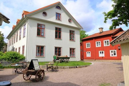 June 01 2022 - Orebro in Sweden: Beautiful old timber houses in Wadkoping historical quarterのeditorial素材