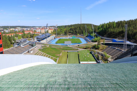 May 25 2022 - Lahti in Finland: The Lahti Soccer stadium, prepared for an athletics competitionのeditorial素材