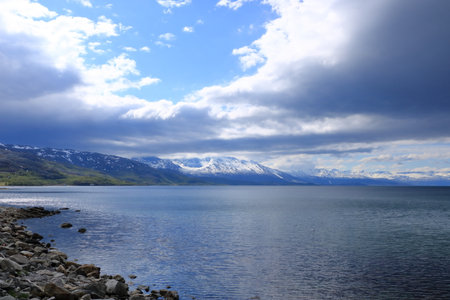 View from Bjerkvik in Norway during a Nordic summer day towards to Ofotfjord and Narvik