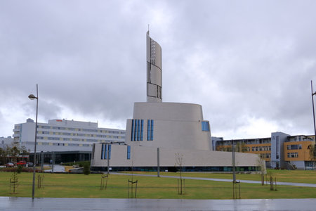 May 28 2022 - Alta in Norway: beautiful view of the Northern Lights Cathedral exterior, built in a...