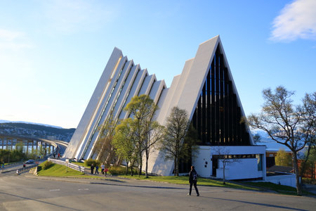 May 28 2022 - Tromso in Norway: View of Arctic Cathedral on a sunny day in summerのeditorial素材
