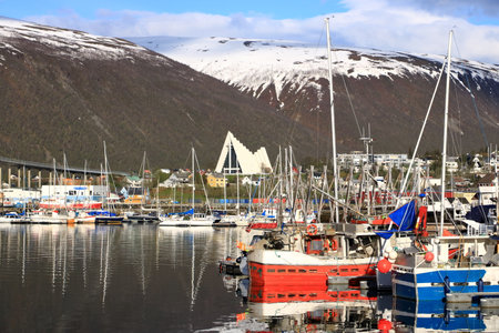 May 28 2022 - Tromso in Norway: View of Arctic Cathedral on a sunny day in summerのeditorial素材