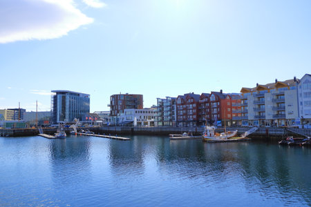 May 29 2022 - Svolvaer, Lofoten, Norway: a View of the city on the Lofoten islands, beautiful bright landscape, traditional red housesのeditorial素材