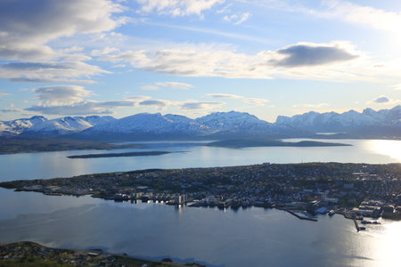 Aerial view of white snow covered landscape around Tromso Norway in the summer