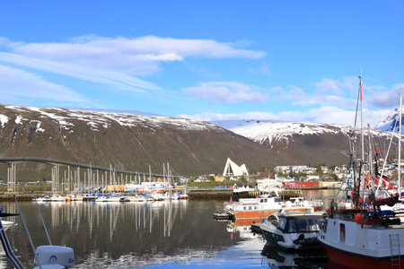May 28 2022 - Tromso in Norway: View of Arctic Cathedral on a sunny day in summerのeditorial素材