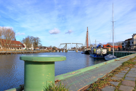 January 28 2023 - Wieck, Greifswald in Germany: the harbor bridge of the lovely village in winterのeditorial素材