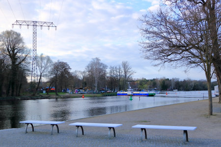 April 5 2023 - Caputh, Brandenburg in Germany: The cable ferry called Tussy 2 for cars and people connects Caputh and Geltow on the Havel waterwayのeditorial素材