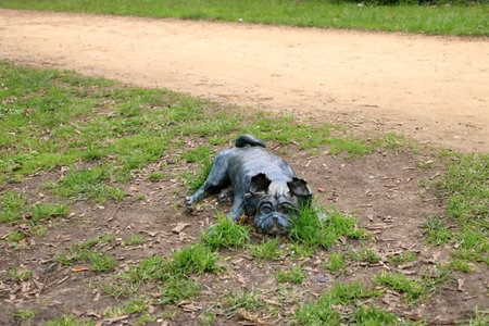 April 7 2023 - Brandenburg in Germany: wood pug sculpture in the city, in memory of Loriotのeditorial素材
