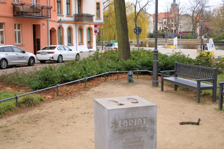 April 7 2023 - Brandenburg in Germany: wood pug sculpture in the city, in memory of Loriotのeditorial素材