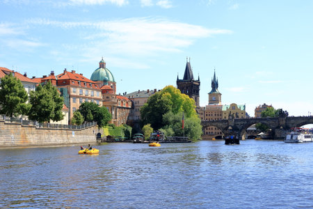 July 08 2023 - Prague in Czech Republic: Tourist city tour by boat on Vltava Riverのeditorial素材