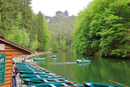May 14 2023 - Rathen, Saxon Switzerland in Germany: Tourists at the boat rental at Amselsee in Rathen in the Saxon Switzerlandのeditorial素材