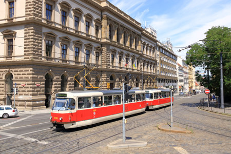 July 08 2023 - Prague in Czech Republic: Typical old retro vintage tram on tracksのeditorial素材
