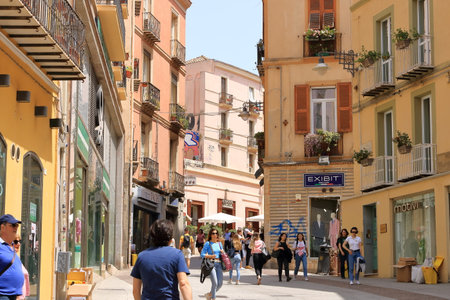 May 25 2023 - Cagliari, Sardinia in Italy: People enjoy the the old town on a summer day
