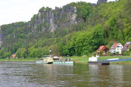 May 14 2023 - Rathen, Saxon Switzerland in Germany: Ferry in Rathen on the elbe riverのeditorial素材