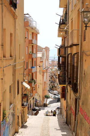 May 25 2023 - Cagliari, Sardinia in Italy: People enjoy the the old town on a summer dayのeditorial素材