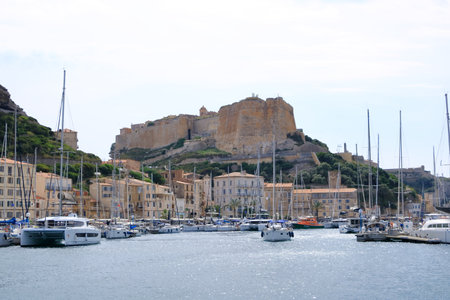 May 29 2023 - Bonifacio, Corsica in France: boats in the small harbor on a sunny summer dayのeditorial素材