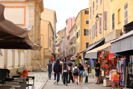 May 31 2023 - Ajaccio, Corsica in France: mediterranean culture and colour in Island capital city or town. Back streets and alleyways. Sunny day outdoorsのeditorial素材