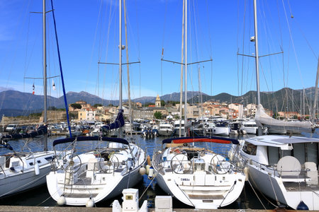 June 02 2023 - Saint-Florent, Corsica in France: boats at the fishing port located near the gulfのeditorial素材