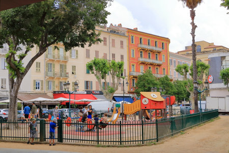 May 31 2023 - Ajaccio, Corsica in France: mediterranean culture and colour in Island capital city or town. Back streets and alleyways. Sunny day outdoorsのeditorial素材