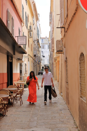 May 31 2023 - Ajaccio, Corsica in France: mediterranean culture and colour in Island capital city or town. Back streets and alleyways. Sunny day outdoorsのeditorial素材