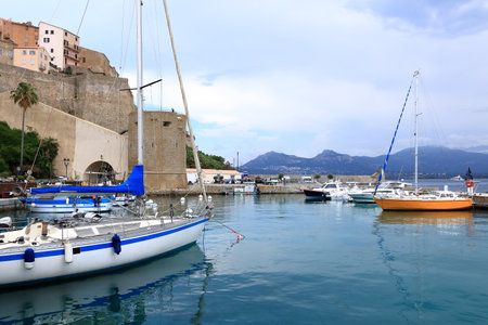 June 02 2023 - Calvi, Corsica in France: view of yacht marina in Calviのeditorial素材